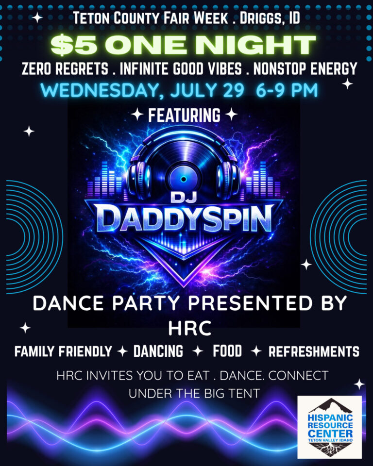 Flyer for DJ Daddy Spin dance party event at the Teton Valley Fair in Driggs, Idaho