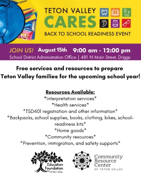 Flyer for Teton Valley Cares event in english