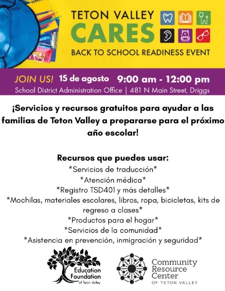 Flyer for Teton Valley Cares event in Spanish